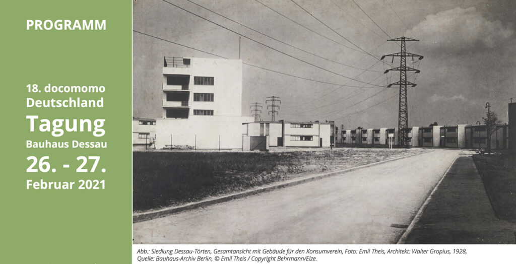 Abb.: Siedlung Dessau-Törten, Gesamtansicht mit Gebäude für den Konsumverein, Foto: Emil Theis, Architekt: Walter Gropius, 1928, Quelle: Bauhaus-Archiv Berlin, © Emil Theis / Copyright Behrmann/Elze.